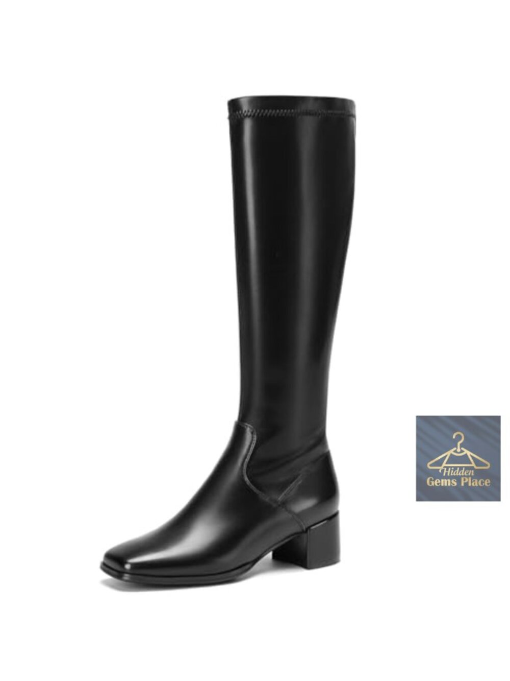 Knee High Boots Square Toe Stretch PU Leather Low Heel Half Zip
